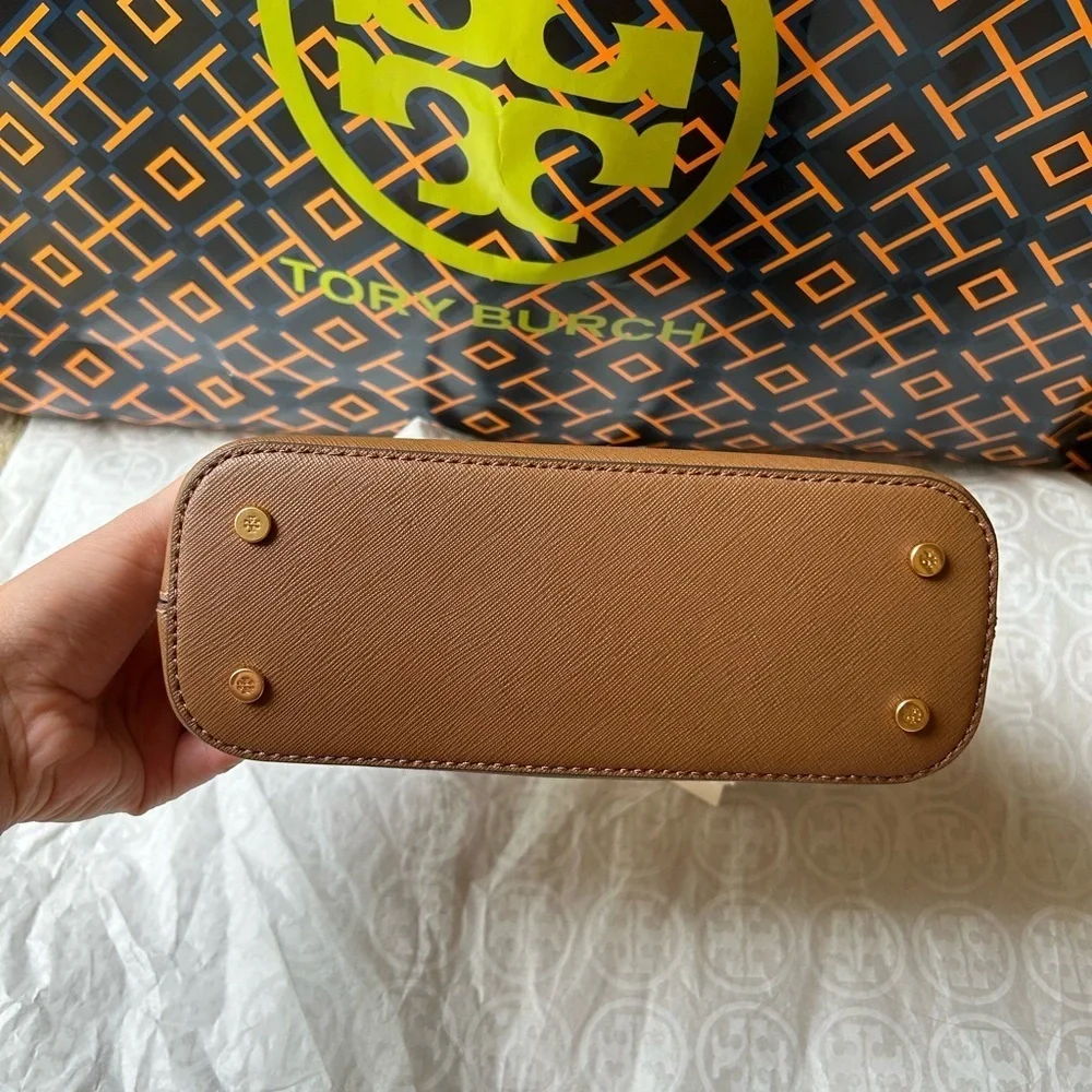 Tory Burch Emerson Dome Satchel Crossbody Bag Top Handle Moose Gold Tan